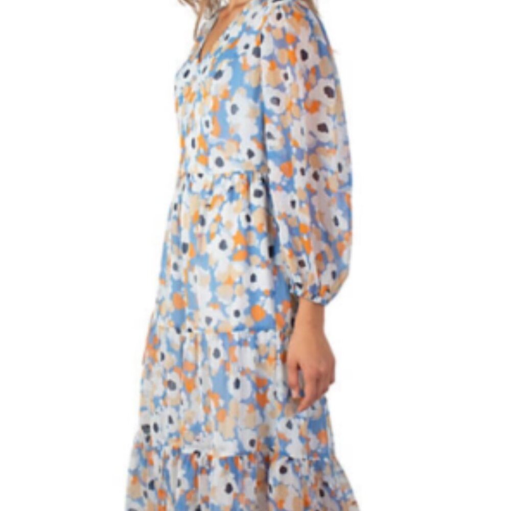 Joie NWT Blue Floral Fields Chiffon Printed Midi Smocked Tiered Dress size L